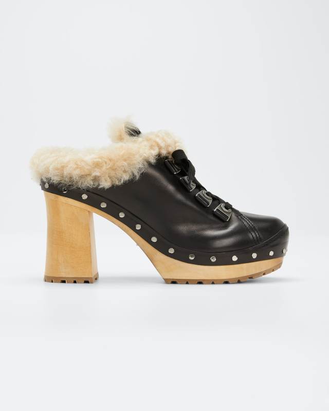 Leather Shearling Lace-Up Mule Clogs